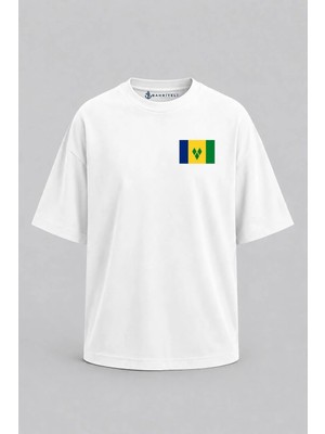 Bahriyeli Collection Oversize Saint Vincent ve Grenadinler Bayrağı Cep Baskılı Unisex T-Shirt