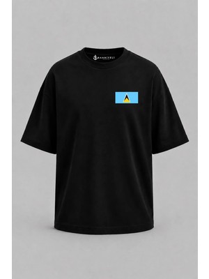 Bahriyeli Collection Oversize Saint Lucia Bayrağı Cep Baskılı Unisex T-Shirt