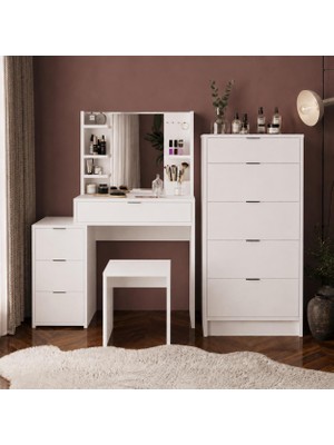 Bimossa U3070 Valeralı Tabureli Izabel Makyaj Masası Seti Beyaz - Aynalı, Raflı ve 5 Çekmeceli