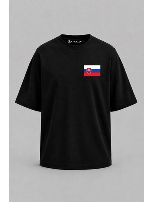Bahriyeli Collection Oversize Slovakya Bayrağı Cep Baskılı Unisex T-Shirt