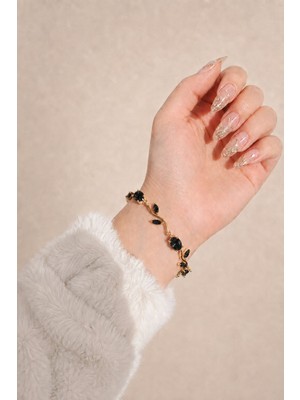 X-lady Accessories Altın Renk Siyah Zirkon Taşlı Lale Çelik Bileklik - 3927
