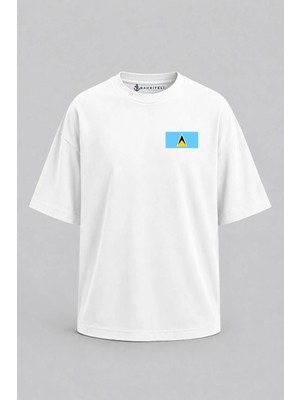 Bahriyeli Collection Oversize Saint Lucia Bayrağı Cep Baskılı Unisex T-Shirt