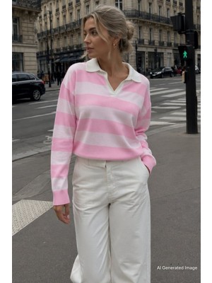 Madmext Pembe Çizgili Polo Yaka Kadın Kazak MG2882
