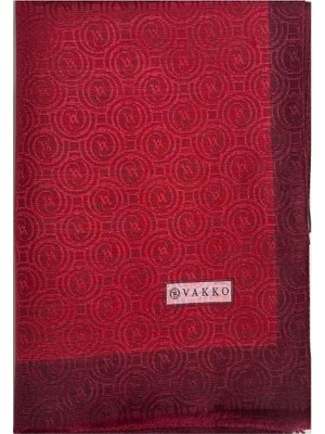 Vakko  Pamuk İpek Şeritli Monogram Şal 041728-Koyu Kırmızı