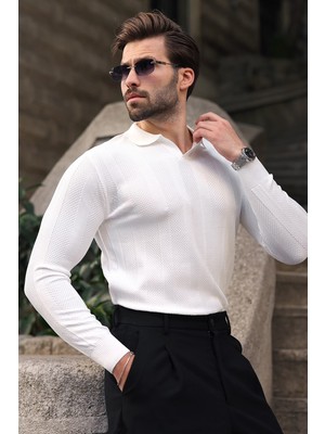 Madmext Beyaz Regular Fit Polo Yaka Triko Erkek Kazak E7509