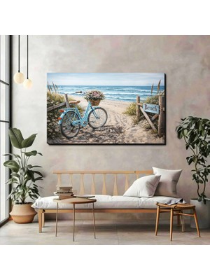 Artprinta Sahil ve Mavi Bisiklet Kanvas Tablo – Çiçekli Vintage Bisiklet ve Deniz Manzaralı Duvar Dekoru