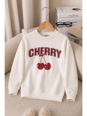 Zepkids Çocuk Ekru Cherry Baskılı Bisiklet Yaka Uzun Kollu Sweatshirt