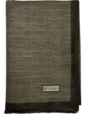 Vakko Pamuk Ipek Şeritli Monogram Şal 41728-KOYU Haki