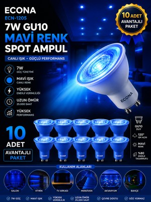 Econa 10 Adet --7W Mavi Işık GU10 Duy LED Spot Ampul ,dekoratif Mavi Renk Yanar Gu 10 Duy Spot Ampul Seti,mavi Spot