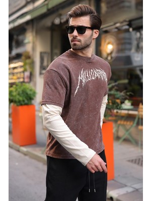 Madmext Acı Kahve Baskılı Batik Desen Erkek Tişört E7194