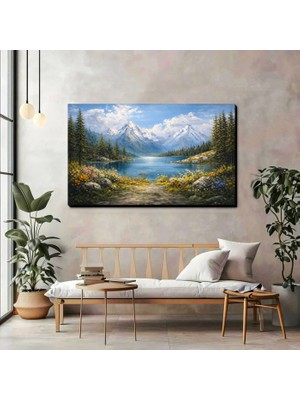 Artprinta Karlı Dağ ve Göl Manzaralı Kanvas Tablo – Çiçekli Doğa Manzarası Duvar Tablosu