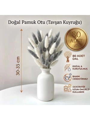 Dekora Çiçek Kurutulmuş Pamuk Otu Tavşan Kuyruğu Gelin Buketi Aranjman Çiçeği Lagurus Beyaz ve Gri 80 Dal