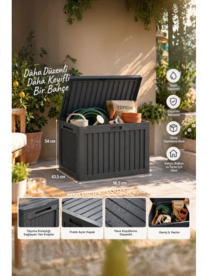 Porsima 161001-012 130LT Kilitli Organizer Kapaklı Bahçe Balkon Kiler Sandığı Çok Amaçlı Depolama Sandığı Gri