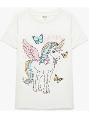 Koton Unicorn Baskılı Bisiklet Yaka Kısa Kollu Pamuklu Tişört