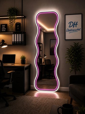 Dh Elektromarket Neon LED Dalgalı Boy Aynası 147X50 cm | 8mm Antrasit Mdf Üzeri | Gerçek Ayna | Tak Çalıştır | 8 Renk Seçenekli Dekoratif Ayna