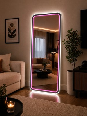 Dh Elektromarket Neon LED Dikdörtgen Boy Aynası 135X56 cm | 8mm Antrasit Mdf | Gerçek Ayna | Tak Çalıştır | Isteğe Göre Renk Seçenekli