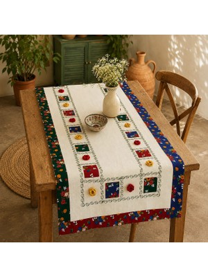 Ödel Home Kırçiçeği Nakışlı Runner, Konsol, Sehpa Örtüsü-Naturel