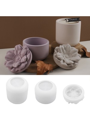 Silabor 3 Parça Çiçek Kapaklı Mumluk Silikon Kalıp Seti | Uzun ve Kısa Mum Kabı + Dekoratif Çiçek Kapak Döküm Kalıbı | Alçı, Çimento, Beton ve Taş Tozu Için | 1 Takım