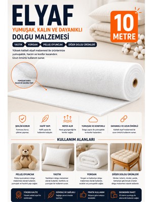 Dünya Sünger 10 Metre Elyaf Dolgu Malzemesi Rulo Yumuşak Elyaf Peluş Oyuncak Yastık Yorgan Minder Dolgusu Beyaz