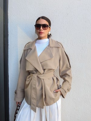 Esra Helvacı Astarı Çizgili Kuşaklı Trench