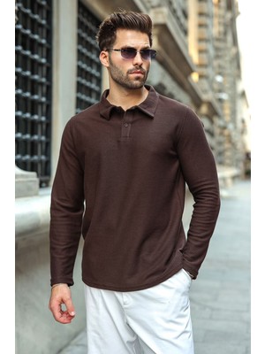 Madmext Acı Kahve Gömlek Yaka Dokulu Regular Fit Erkek Sweatshirt E7203