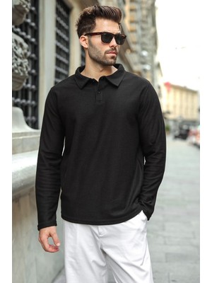Madmext Siyah Gömlek Yaka Dokulu Regular Fit Erkek Sweatshirt E7203