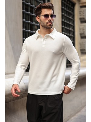 Madmext Ekru Gömlek Yaka Dokulu Regular Fit Erkek Sweatshirt E7203