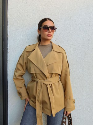 Esra Helvacı Astarı Çizgili Kuşaklı Trench