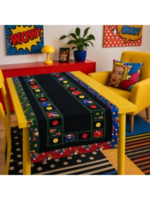 Ödel Home Kırçiçeği Nakışlı Runner, Konsol, Sehpa Örtüsü-Siyah