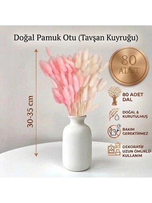 Dekora Çiçek Kurutulmuş Pamuk Otu Tavşan Kuyruğu Gelin Buketi Aranjman Çiçeği Lagurus Toz Pembe Beyaz Renk 80 Dal