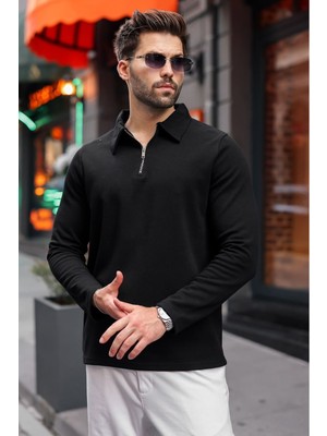 Madmext Siyah Yarım Fermuarlı Polo Yaka Dokulu Erkek Sweatshırt E7197