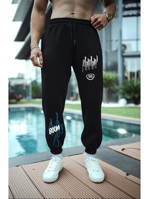 MiraLive Kışlık Üç Iplik Baskılı Eşofman Pantolon - Siyah
