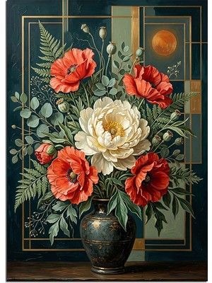 Artmeg Art Deco Vazoda Kırmızı Beyaz Çiçekler Dekoratif Kanvas - Mdf Ahşap Tablo