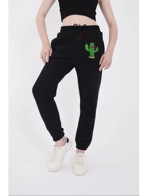 MiraLive Lastikli Baskılı Eşofman Pantolon - Siyah