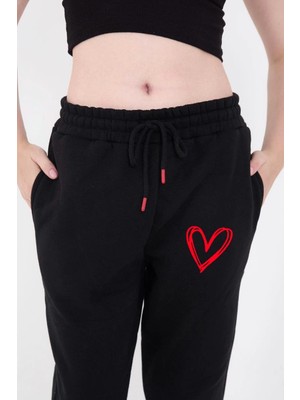 MiraLive Oversize Boru Paça Baskılı Eşofman Pantolon - Siyah