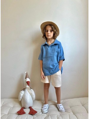 Moda Rüyası Erkek Çocuk Müslin Ikili Takım - Mavi Polo Yaka Kısa Kollu T-Shirt ve Krem Şort Alt Üst Takım⁠