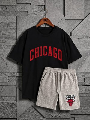 Belirtilmemiş 2'li Chıcago Baskılı Ünisex Penye T-Shirt & Şortlu Takım