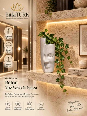 Bitkitürk Beton Yüz Vazo & Saksı – Özel Üretim Dekoratif Tasarım, 29 cm