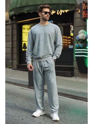Madmext Gri Yıkamalı Bisiklet Yaka Regular Fit Erkek Sweat Eşofman Takım E7369