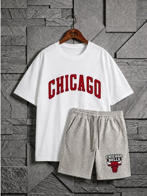 Belirtilmemiş 2'li Chıcago Baskılı Ünisex Penye T-Shirt & Şortlu Takım