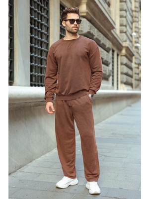Madmext Kahverengi Yıkamalı Bisiklet Yaka Regular Fit Erkek Sweat Eşofman Takım E7369