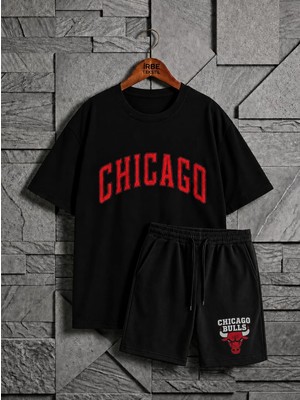 Belirtilmemiş 2'li Chıcago Baskılı Ünisex Penye T-Shirt & Şortlu Takım