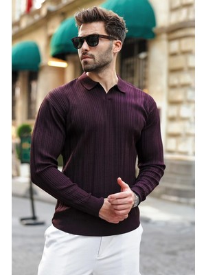 Madmext Mürdüm Polo Yaka Desenli Over Fit Erkek Triko Kazak E7517