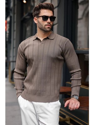 Madmext Açık Kahve Polo Yaka Desenli Over Fit Erkek Triko Kazak E7517