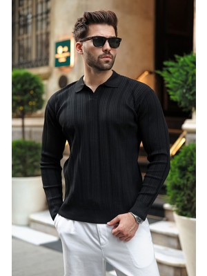 Madmext Siyah Polo Yaka Desenli Over Fit Erkek Triko Kazak E7517