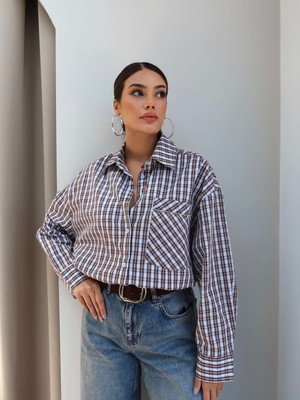 Esra Helvacı Ekoseli Cep Taşlı Oversize Gömlek