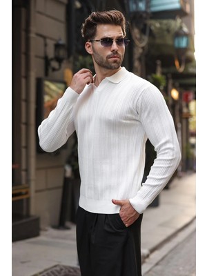 Madmext Beyaz Polo Yaka Desenli Over Fit Erkek Triko Kazak E7517