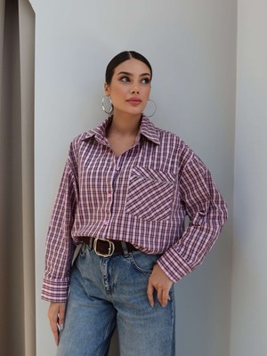 Esra Helvacı Ekoseli Cep Taşlı Oversize Gömlek