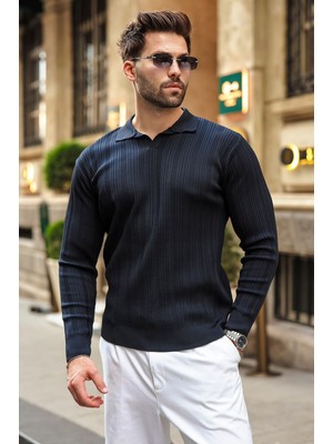 Madmext Koyu Lacivert Polo Yaka Desenli Over Fit Erkek Triko Kazak E7517