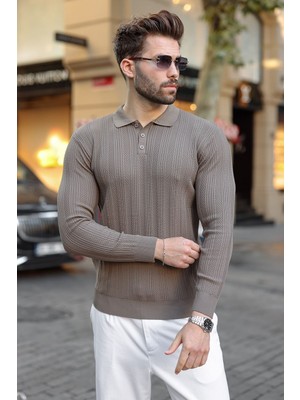 Madmext Açık Kahverengi Düğmeli Polo Yaka Desenli Over Fit Erkek Triko Kazak E7520